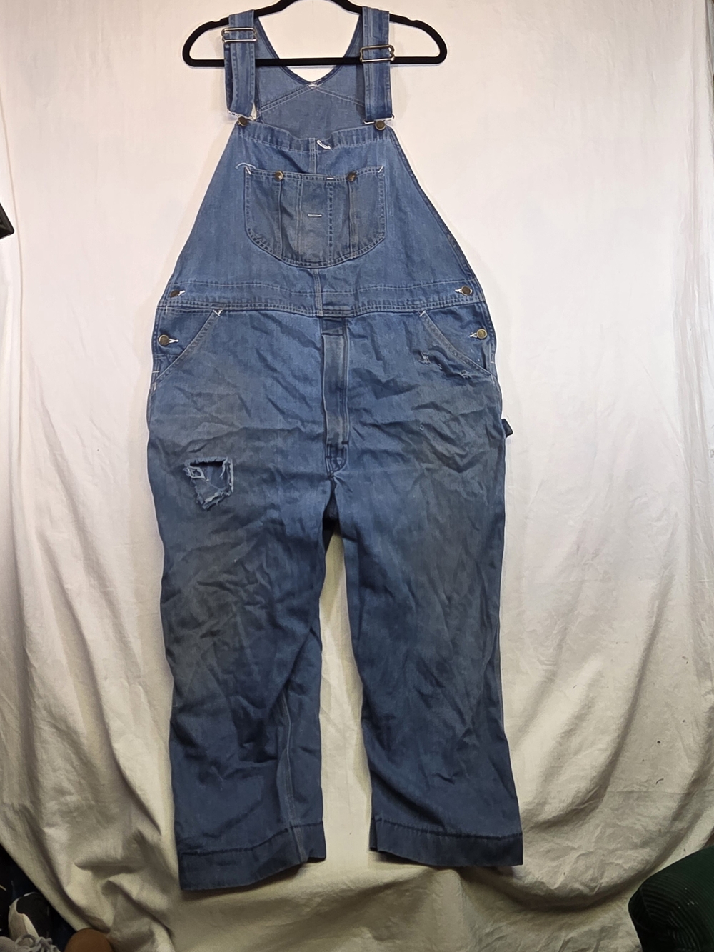 Vintage Roebucks Denim Bib Overalls Distressed Ripped Workwear Size Unknown.0344